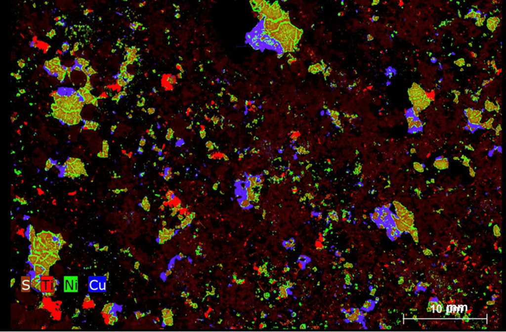 micro-XRF S-Ni-Ti-Cu element map overlay.